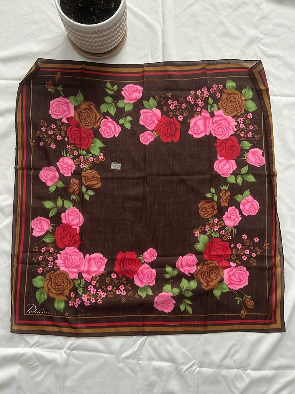 Vintage Floral Silk Scarf - Brown with Pink & Red Roses